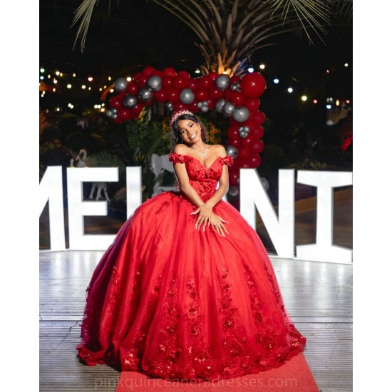 Sweetheart Red Quince Dress Off Shoulder Vestidos De 15 Anos Wear Pageant Lace Appliques Women 2024 Ball Gown