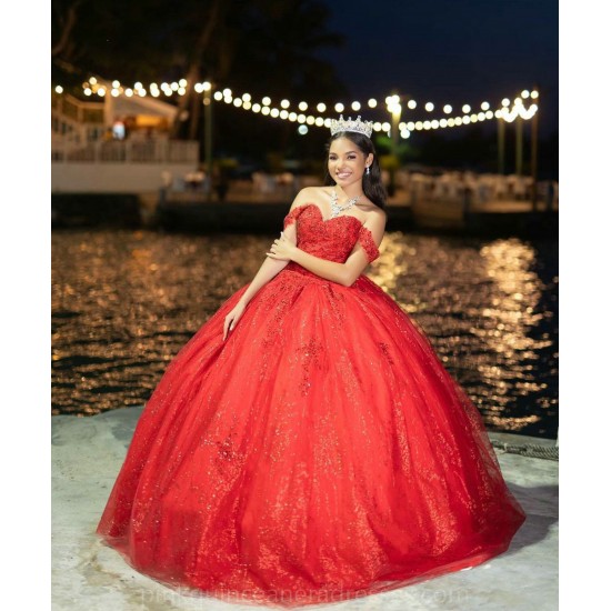 Sweetheart Neck Vestidos De 15 Anos Red Quince Dress Off Shoulder Wear Pageant Lace Appliques Sequin Women 2024 Ball Gown 