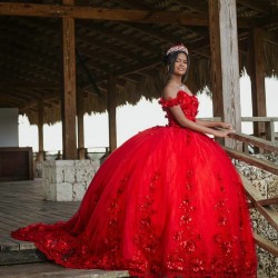 Sweetheart Neck Red Quince Dress Vestidos De 15 Anos Off Shoulder Wear Pageant 3D Flowers Women 2024 Ball Gown