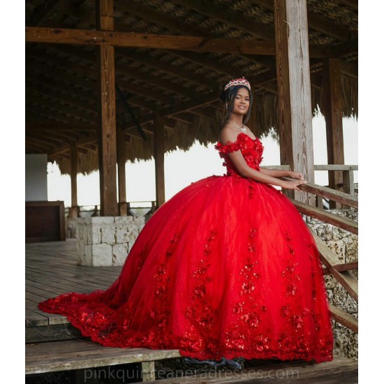 Sweetheart Neck Red Quince Dress Vestidos De 15 Anos Off Shoulder Wear Pageant 3D Flowers Women 2024 Ball Gown