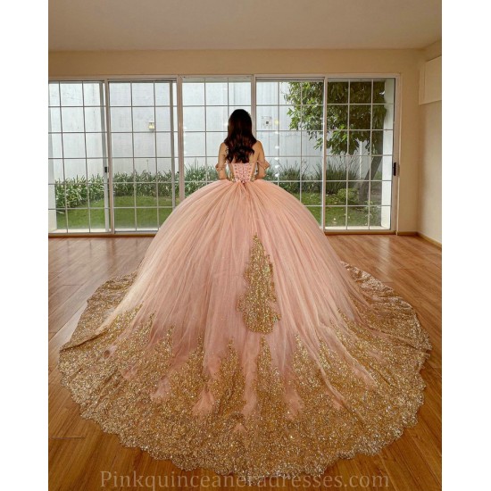 Off Shoulder Rose Gold Quince Dress 15 Anos Crystal Sweetheart Neck Women 2024 Ball Gown Lace Appliques Sequin Girl Birthday Gowns