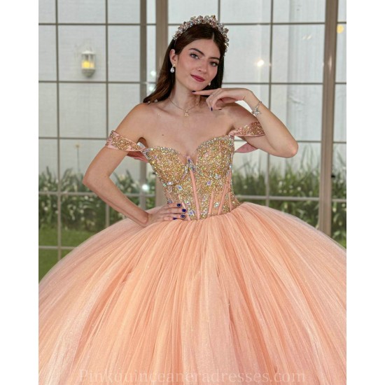 Off Shoulder Rose Gold Quince Dress 15 Anos Crystal Sweetheart Neck Women 2024 Ball Gown Lace Appliques Sequin Girl Birthday Gowns