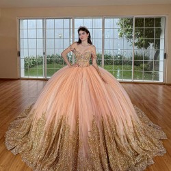 Off Shoulder Rose Gold Quince Dress 15 Anos Crystal Sweetheart Neck Women 2024 Ball Gown Lace Appliques Sequin Girl Birthday Gowns