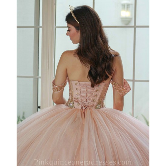 Off Shoulder Rose Gold Quince Dress 15 Anos Crystal Sweetheart Neck Women 2024 Ball Gown Lace Appliques Sequin Girl Birthday Gowns