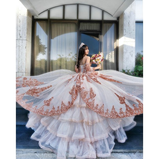 Rose Gold Quince Dress Sequin Detachable Girls Ball Gown Sweet 16 Dresses Sweetheart Neck Lace Appliques Women 2024 Ball Gown