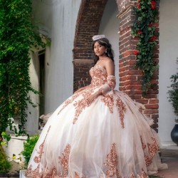 Rose Gold Quince Dress Sweetheart Wear Pageant Lace Appliques Women 2024 Ball Gown Detachable Vestidos De 15 Anos