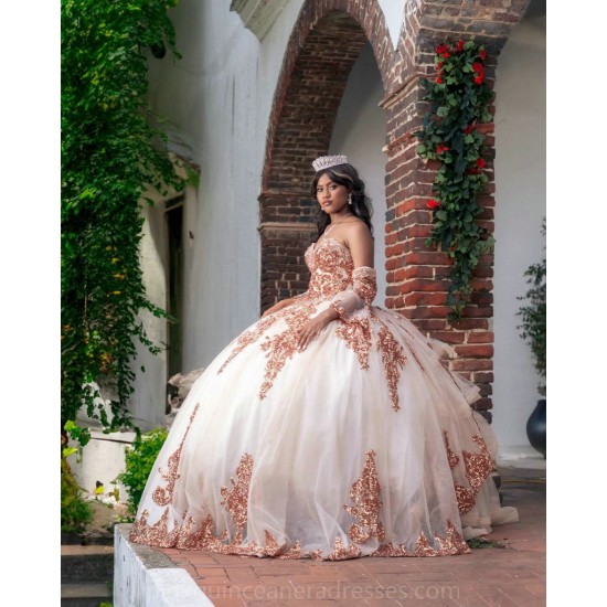 Rose Gold Quince Dress Sweetheart Wear Pageant Lace Appliques Women 2024 Ball Gown Detachable Vestidos De 15 Anos