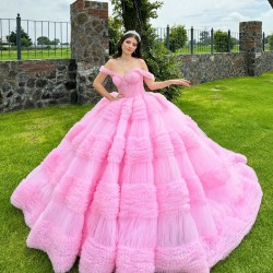 Ruffled Pink Quinceanera Dress Off Shoulder Birthday Party Gowns Sweetheart Neck Vestidos De 15 Anos