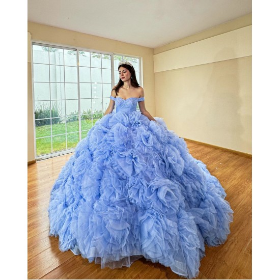 Ruffled Sky Blue Quinceanera Dress Off Shoulder Vestidos De 15 Anos Sweetheart Neck Birthday Party Dress