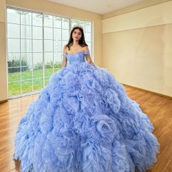 Ruffled Sky Blue Quinceanera Dress Off Shoulder Vestidos De 15 Anos Sweetheart Neck Birthday Party Dress