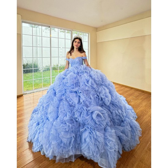 Ruffled Sky Blue Quinceanera Dress Off Shoulder Vestidos De 15 Anos Sweetheart Neck Birthday Party Dress