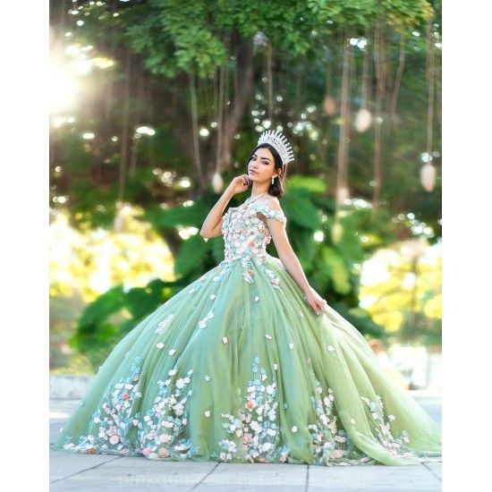 V Neck Sage Green Quince Dress Vestidos De 15 Anos Off Shoulder 3D Flowers Women 2024 Ball Gown