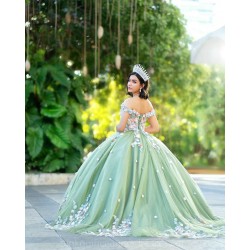 V Neck Sage Green Quince Dress Vestidos De 15 Anos Off Shoulder 3D Flowers Women 2024 Ball Gown