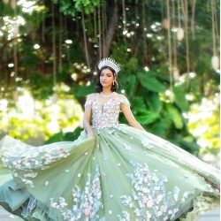 V Neck Sage Green Quince Dress Vestidos De 15 Anos Off Shoulder 3D Flowers Women 2024 Ball Gown