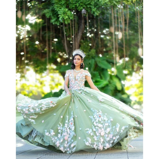 V Neck Sage Green Quince Dress Vestidos De 15 Anos Off Shoulder 3D Flowers Women 2024 Ball Gown