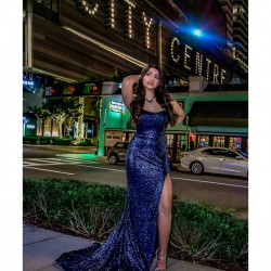 Sequin Navy Blue Mermaid Prom Dresses Square Collar Sleeveless Evenning Gowns