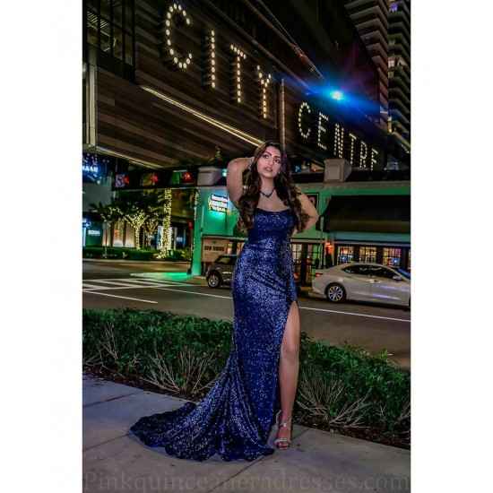 Sequin Navy Blue Mermaid Prom Dresses Square Collar Sleeveless Evenning Gowns