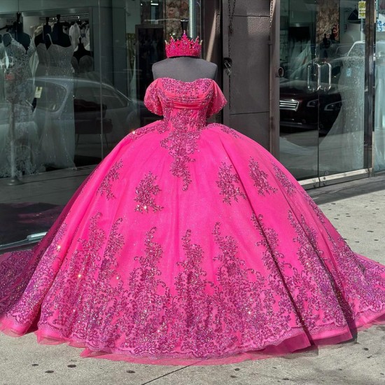 Shiny Hot Pink Quinceanera Dress Ball Gown Floral Applique Off Shoulder Sweet 16 Vestido De 15 Anos