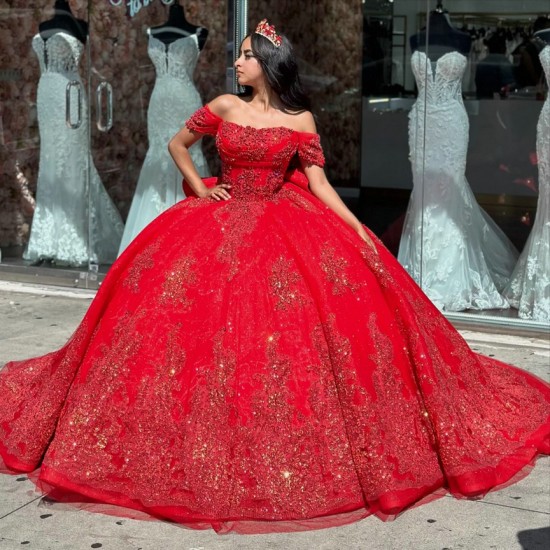 Shiny Red Quinceanera Dress Sweetheart Neck Sweet 15 Gowns Sequin Vestidos De 15 Anos With Bow