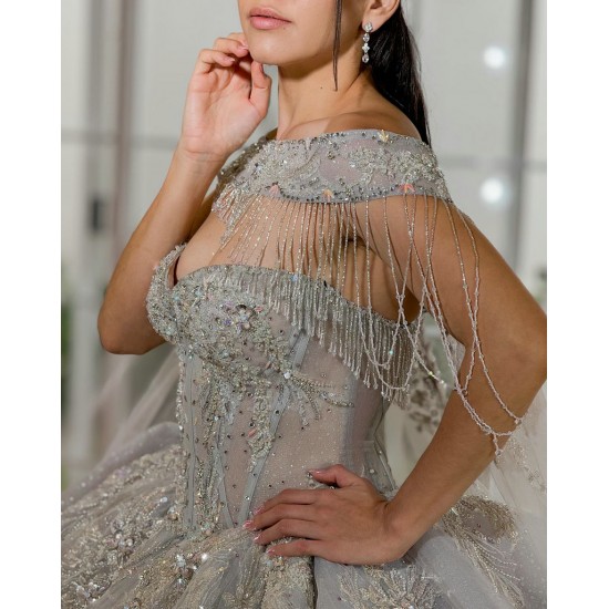 Silver Quinceanera Dress Shiny Crystal Vestidos De 15 Anos With Cape