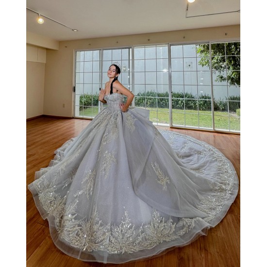 Silver Quinceanera Dress Shiny Crystal Vestidos De 15 Anos With Cape