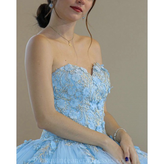 Sweetheart Neck Quince Dress Sky Blue 15 Anos Detachable Women 2024 Ball Gown Crystal Girl Birthday Gowns With 3D Flowers