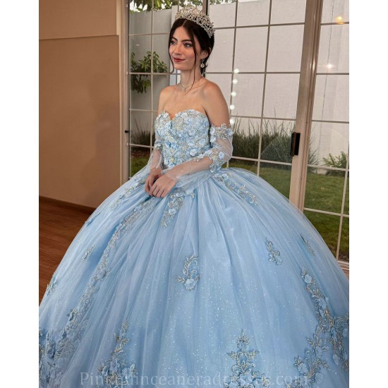 Sweetheart Neck Quince Dress Sky Blue 15 Anos Detachable Women 2024 Ball Gown Crystal Girl Birthday Gowns With 3D Flowers