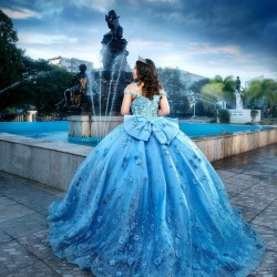 Sweetheart Neck Sky Blue Quince Dress Vestidos De 15 Anos Off Shoulder 3D Flowers Women 2024 Ball Gown With Bow