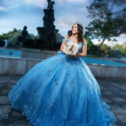 Sweetheart Neck Sky Blue Quince Dress Vestidos De 15 Anos Off Shoulder 3D Flowers Women 2024 Ball Gown With Bow