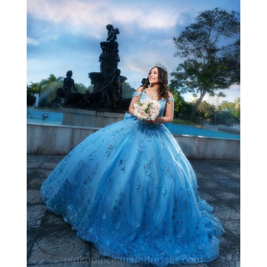 Sweetheart Neck Sky Blue Quince Dress Vestidos De 15 Anos Off Shoulder 3D Flowers Women 2024 Ball Gown With Bow