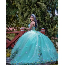 Sleeveless Aqua Quince Dress 3D Flowers Ball Gown Sweetheart Neck Birthday Party Gowns Customized