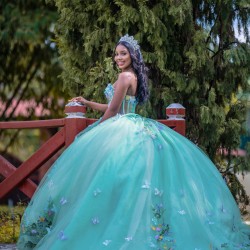 Sleeveless Aqua Quince Dress 3D Flowers Ball Gown Sweetheart Neck Birthday Party Gowns Customized