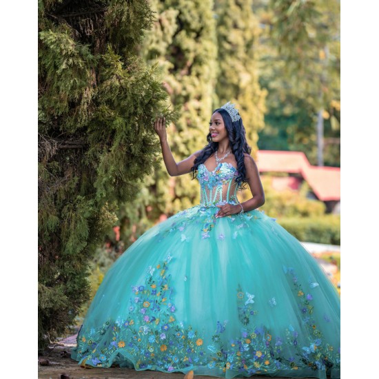 Sleeveless Aqua Quince Dress 3D Flowers Ball Gown Sweetheart Neck Birthday Party Gowns Customized