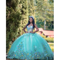 Sleeveless Aqua Quince Dress 3D Flowers Ball Gown Sweetheart Neck Birthday Party Gowns Customized