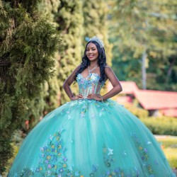 Sleeveless Aqua Quince Dress 3D Flowers Ball Gown Sweetheart Neck Birthday Party Gowns Customized