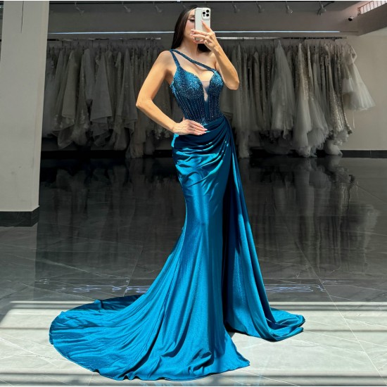 Sleeveless Blue Mermaid Dress V Neck Evenning Dresses Lace Appliques Girl Gown