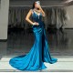 Sleeveless Blue Mermaid Dress V Neck Evenning Dresses Lace Appliques Girl Gown