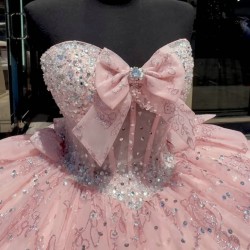 Sleeveless Crystal Vestidos De 15 Anos Pink Quinceanera Dress Sweetheart Neck Glitter Sequin Sweet 15 Gowns With Bow