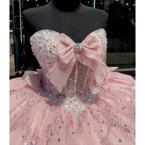 Sleeveless Crystal Vestidos De 15 Anos Pink Quinceanera Dress Sweetheart Neck Glitter Sequin Sweet 15 Gowns With Bow