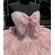 Sleeveless Crystal Vestidos De 15 Anos Pink Quinceanera Dress Sweetheart Neck Glitter Sequin Sweet 15 Gowns With Bow