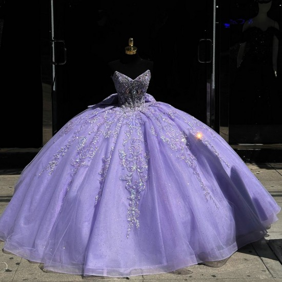 Sleeveless Quince Dress Lilac Vestidos De 15 Anos Lace Appliques V Neck Birthday Party Dress With Bow