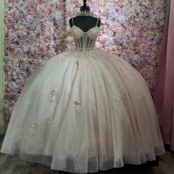 Spaghetti Strap Pink Quinceanera Dress Ball Gown Lace Applique Sweetheart Neck Sweet 16 Vestido De 15 Anos