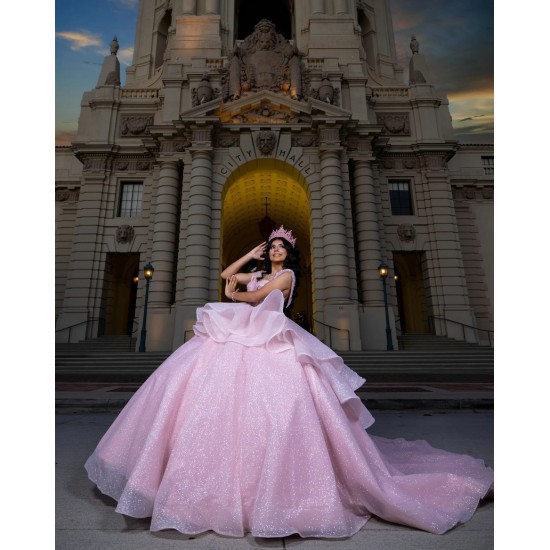 Spaghetti Strap Pink Quinceanera Dress Sequin Sleeveless Vestidos De 15 Anos Sweetheart Neck Tiered Sweet 15 Gowns