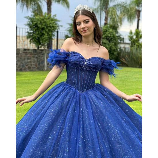 Strapless Blue Quinceanera Dress Crystal Off Shoulder Birthday Party Gowns Sequin Lace Appliques Sweetheart Neck Vestidos De 15 Anos