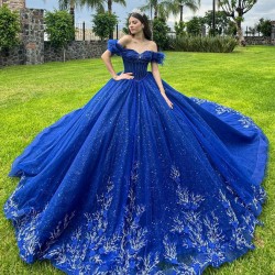 Strapless Blue Quinceanera Dress Crystal Off Shoulder Birthday Party Gowns Sequin Lace Appliques Sweetheart Neck Vestidos De 15 Anos