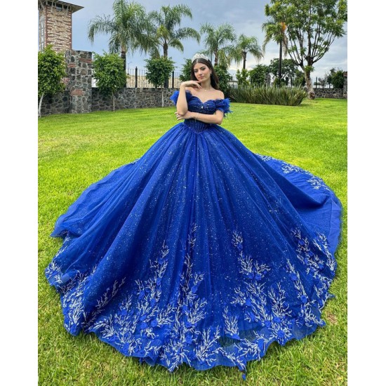 Strapless Blue Quinceanera Dress Crystal Off Shoulder Birthday Party Gowns Sequin Lace Appliques Sweetheart Neck Vestidos De 15 Anos