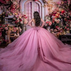 Sweet 15 16 Years Pink Quinceanera Dresses 2024 Appliques Ball Gowns Long Sleeve Customized Vestido De Fiesta