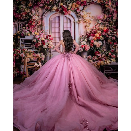 Sweet 15 16 Years Pink Quinceanera Dresses 2024 Appliques Ball Gowns Long Sleeve Customized Vestido De Fiesta