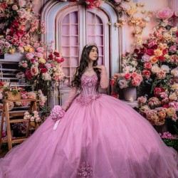 Sweet 15 16 Years Pink Quinceanera Dresses 2024 Appliques Ball Gowns Long Sleeve Customized Vestido De Fiesta