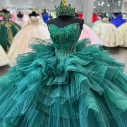 Tiered Green Quinceanera Dress Ball Gown Floral Applique Corset Sweet 16 Vestido De 15 Anos